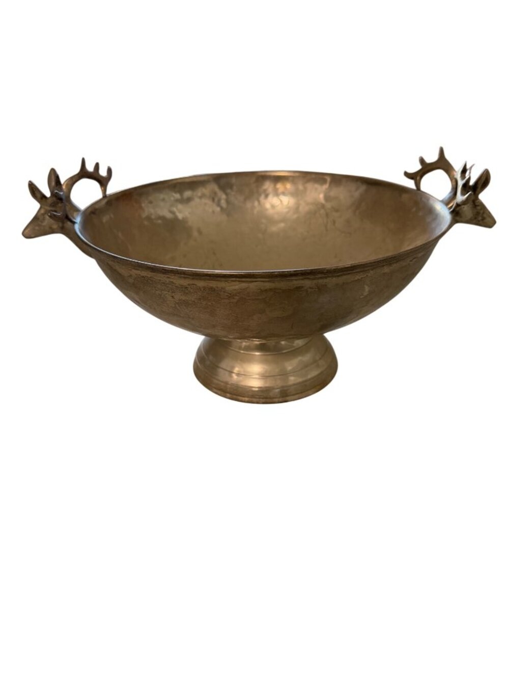 Rustic Hammered Metal Decorative Bowl With Stag Head Handles Made In India 9" Di